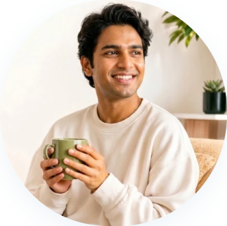 A relaxed man smiling with a cup of tea